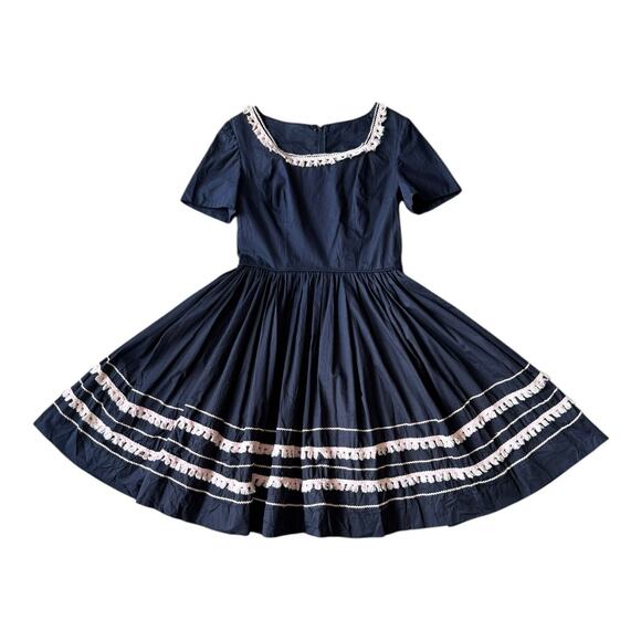 VTG Retro Unbranded Black summer fit flare dress with pink tassel trim medium - Picture 14 of 16